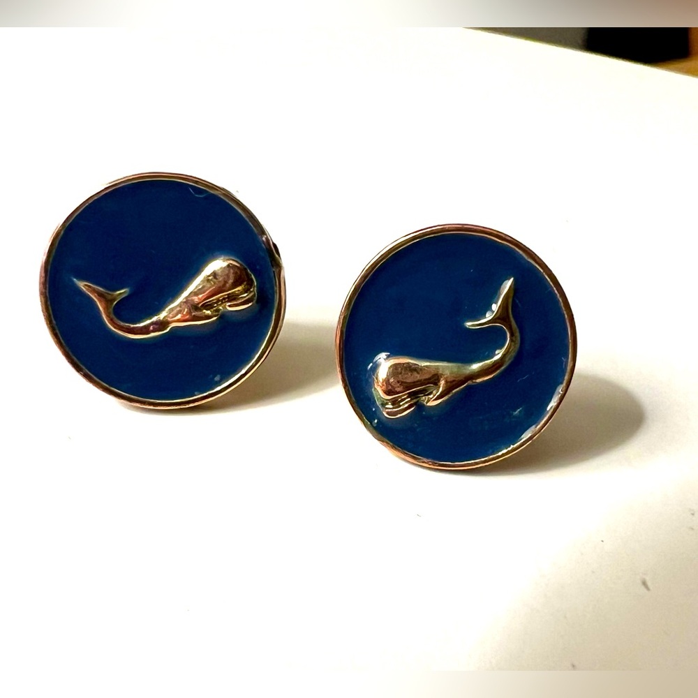 Preppy Navy Blue and Gold Color Whale Button Pierced Earrings